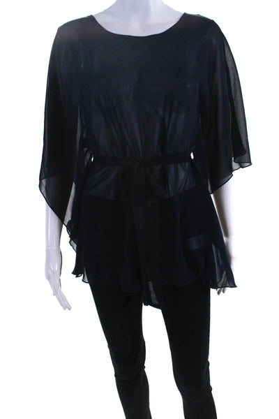 MM Couture Womens Ruffled Hem Batwing Belted Short Sleeve Blouse Blue Size M