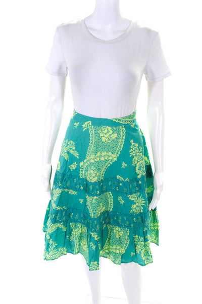 Odille Anthropologie Womens Floral Pintuck Midi Skirt Blue Green Size 2