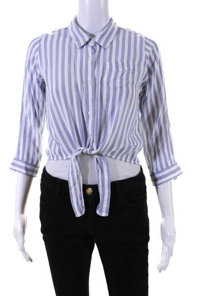 Rails Womens Striped Print Tie Hem Button Up Cropped Top White Blue Size 14