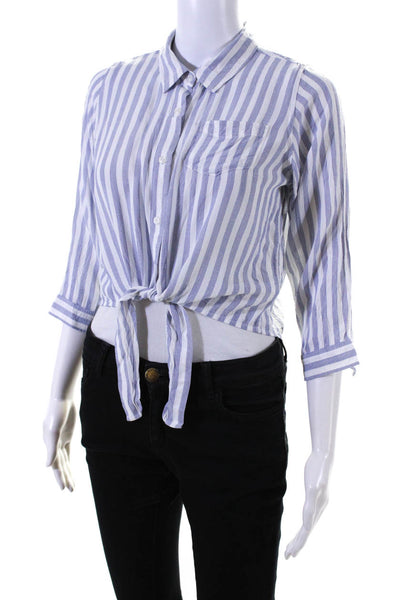 Rails Womens Striped Print Tie Hem Button Up Cropped Top White Blue Size 14