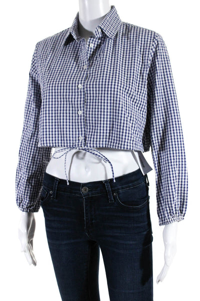 Lisa Marie Fernandez Womens Collared Gingham Cropped Blouse Top Blue Size 3