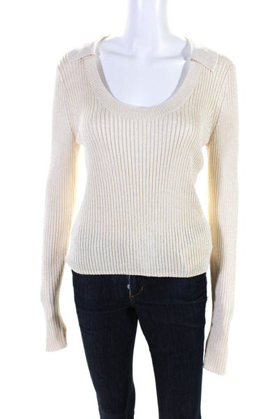 Intermix Womens Scoop Neck Rib Knit Solid Shimmer Sweater Beige Size Large