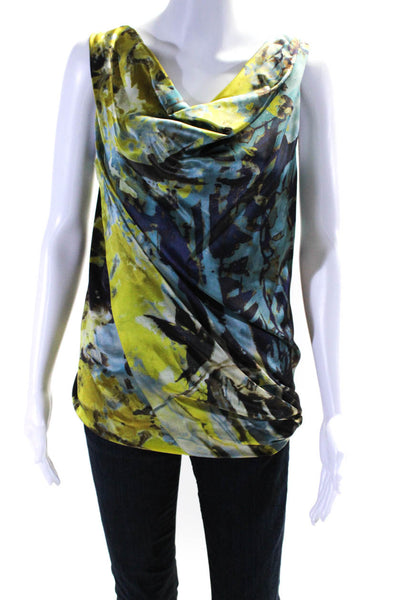 The Wrights Womens Abstract Satin Cowl Draped Top Blouse Blue Yellow Size 8