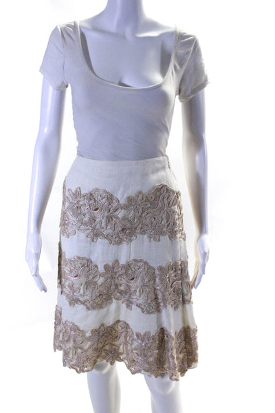 The Wrights Womens Soutache Lace Flare Midi Skirt Ivory Linen Size 8