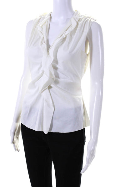 Elie Tahari Womens White Cotton Ruffle V-Neck Sleeveless Blouse Top Size XS