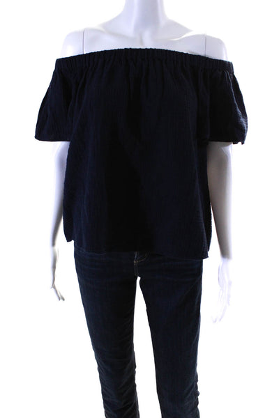 Rebecca Taylor Womens Cotton Off-the-Shoulder Textured Blouse Top Navy Size 10