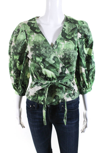 Eva Franco Womens Green Cotton Animal Print Tie Front Blouse Top Size XXS