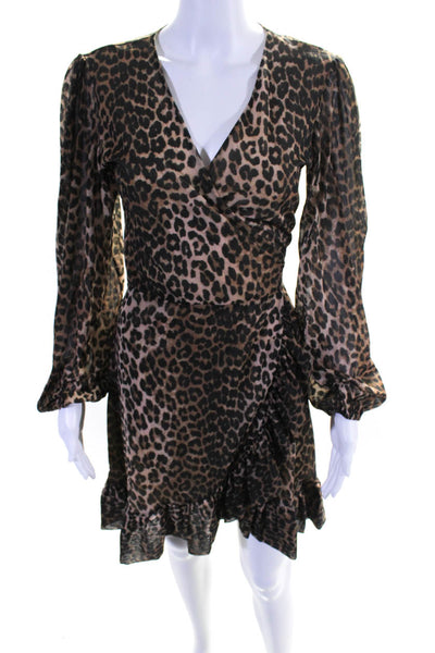 Ganni Womens Leopard Print Bishop Long Sleeve Ruffle Wrap Dress Brown Size EUR38