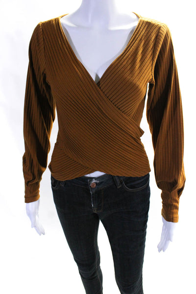 LPA Womens Striped Ribbed Long Sleeve Wrap V-Neck Top Brown Size S