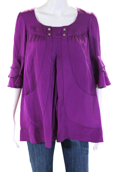 Mayle Womens Silk Solid Ruffle Quarter Sleeve Trim Button Blouse Purple Size 6