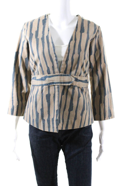Calypso Womens Abstract Striped V-Neck Cotton Jacket Khaki Blue Size 0