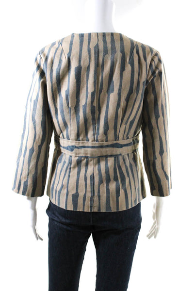 Calypso Womens Abstract Striped V-Neck Cotton Jacket Khaki Blue Size 0