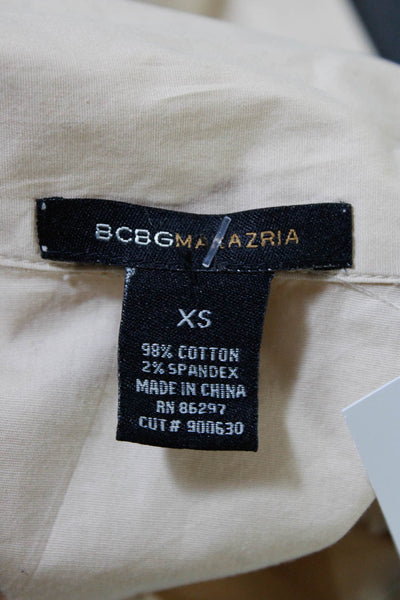 BCBG Max Azria Womens Cotton Pussy Bow Button Up Blouse Top Beige Size XXS