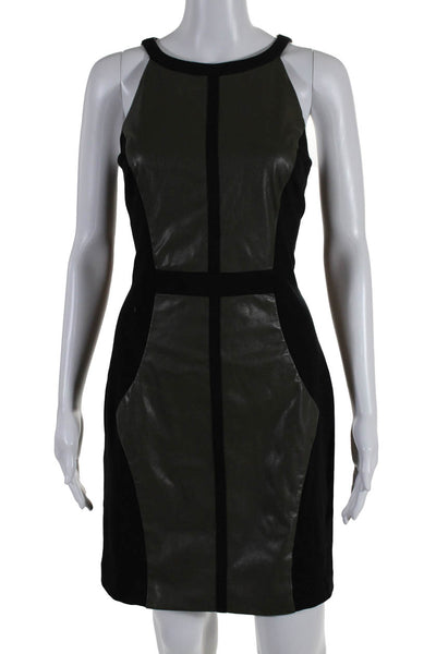 Vakko Sport Women Faux Leather Colorblock Sheath Tank Dress Black Olive Size S