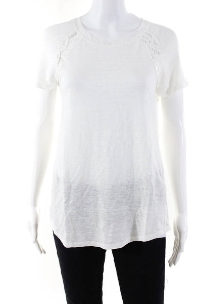 Rebecca Taylor Womens Linen Lace Inset Shirt Sleeve Tee Shirt White Size Medium