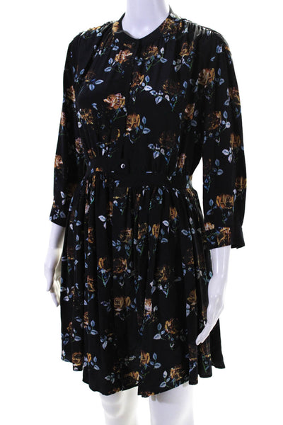 Thakoon Addition Womens Button Front Long Sleeve Floral Silk Dress Black Size 2