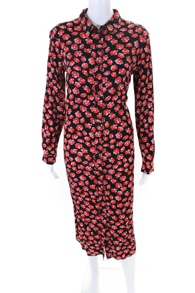 Ganni Womens Button Front Floral Midi Lindale Crepe Dress Black Red Size FR 34