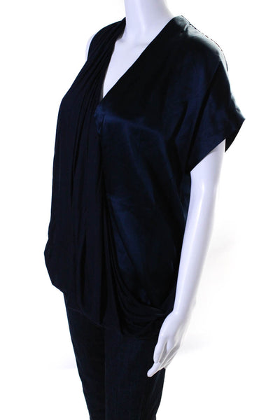 Yigal Azrouel Womens Navy Silk Blend One Shoulder V-neck Blouse Top Size 6