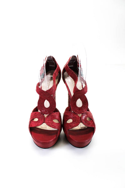 Bottega Veneta Womens Platform Embossed Ankle Strap Sandals Red Leather Size 37