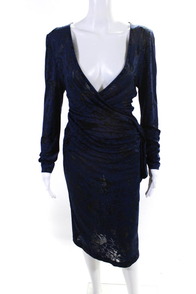 Pat McDonagh Womens Blue Floral Print V-Neck Long Sleeve Wiggle Dress Size 4