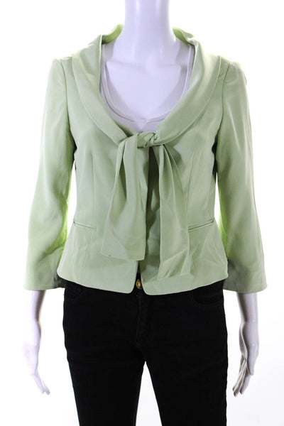 Tahari Womens 3/4 Sleeve Button Front Tie Neck Silk Jacket Green Size 6