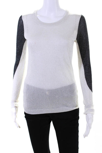 AIKO Womens Knit Metallic Scoop Neck Long Sleeve Sheer Sweater Silver Size XS