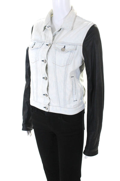 Rag & Bone Jean Womens Button Front Leather Sleeve Jean Jacket Blue Black Medium