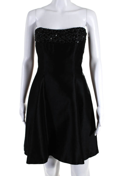 Tara Jarmon Womens Strapless Solid Crystal Beaded Flare Dress Black Size 40