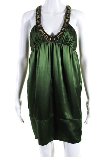 Marc Bouwer Womens V Neck Beaded Solid Silk Mini Dress Green Size 4