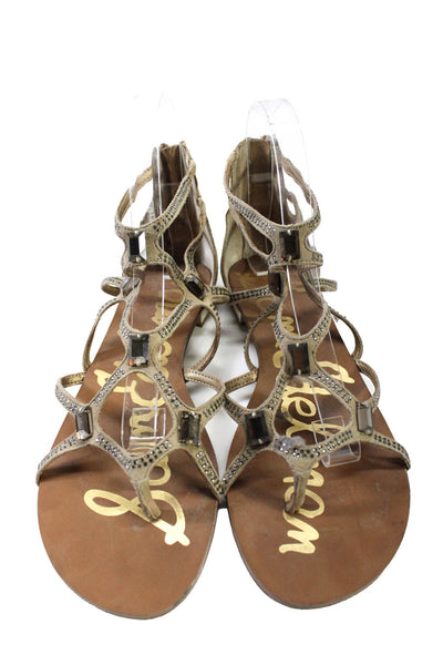 Sam Edelman Women's Leather Embellished Flat Strappy Sandals Beige Size 8