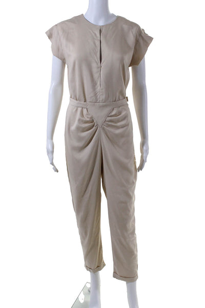 AKA Womens Silk Belted Zipped Sleeveless Tapered Jumpsuit Beige Size XS
