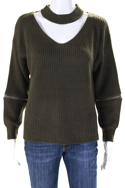Miracle Womens High V Neck Chunky Knit Cotton Sweater Green Size Small