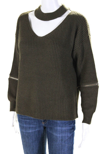 Miracle Womens High V Neck Chunky Knit Cotton Sweater Green Size Small