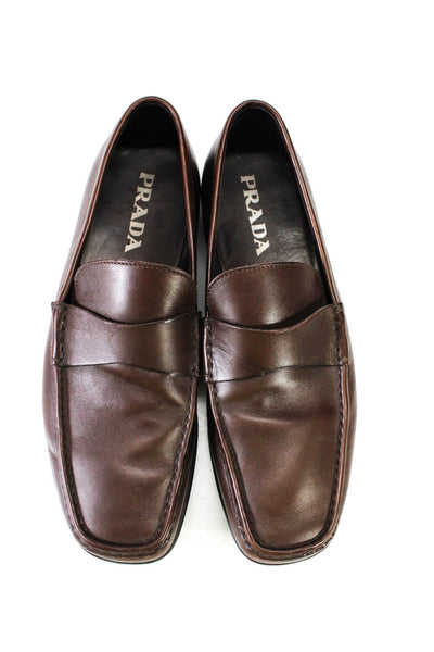 Prada Mens Square Toe Leather Loafers Brown Size 8