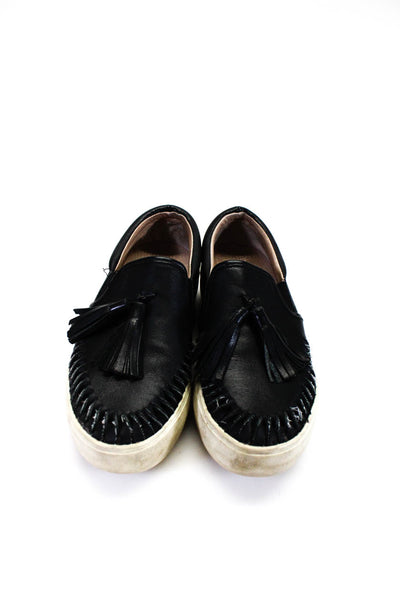 J/Slides Womens Round Toe Solid Leather Tassel Platform Slides Black Size 6.5