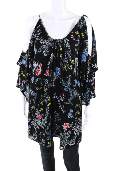 Parker Womens Silk Floral Print Boat Neck Tiered Sleeve Blouse Black Size M