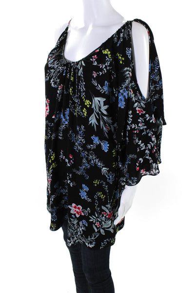 Parker Womens Silk Floral Print Boat Neck Tiered Sleeve Blouse Black Size M