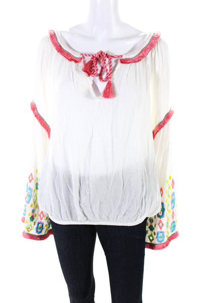 Ramy Brook Womens Geometric Embroidered Long Sleeve Blouse Multicolor Size M