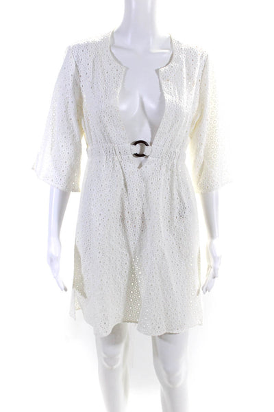 Shoshanna Womens White Embellished V-Neck Short Sleeve Shift Dress Size L