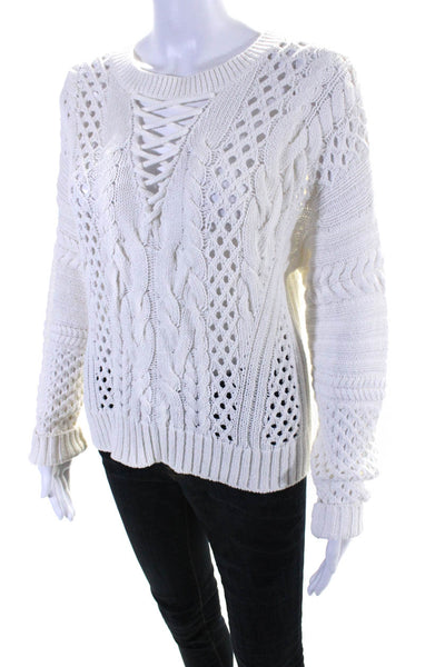 Margaret OLeary Womens Cotton Round Neck Cable Knit Long Sleeve Sweater White XS