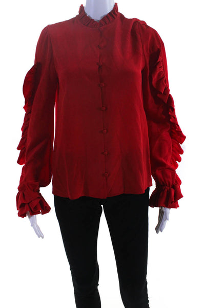 Alexis Womens Silk Solid Ruffle Button Down Blouse Red Size Extra Small