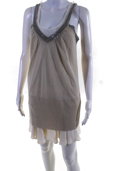 Iisli Womens Sequined V Neck Sleeveless Dress Beige Ivory Size Small