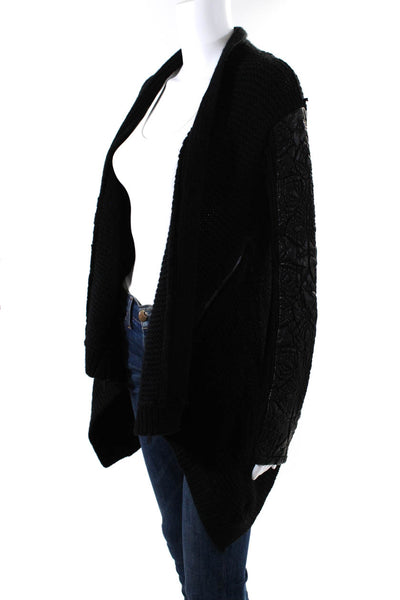 Moth Womens Matelasse Faux Leather Sleeve Open Cardigan Black Size Medium