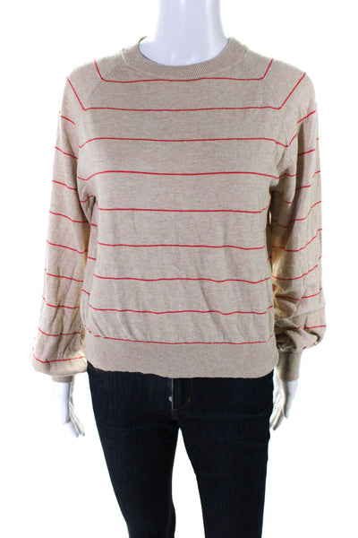 Misa Womens Striped Puff Sleeve Crew Neck Sweater Red Beige Size Small
