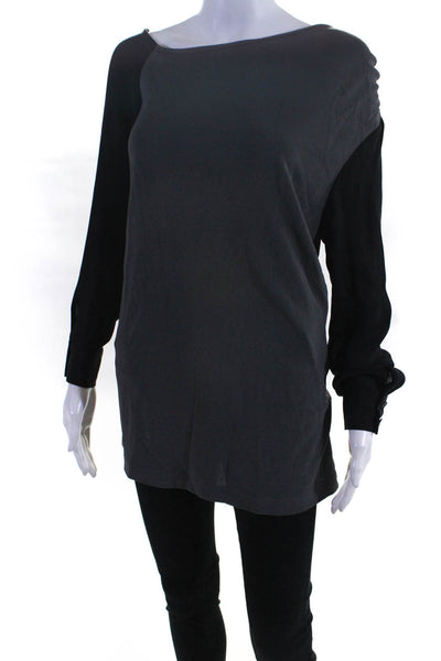 Yigal Azrouel Womens Asymmetrical Neck Long Sleeve Blouse Gray Black Size 6