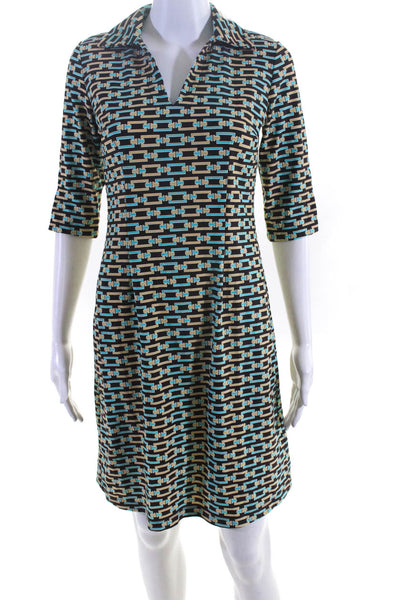 Jude Connally Womens Geometric Print Dress Brown Blue Size Extra Small