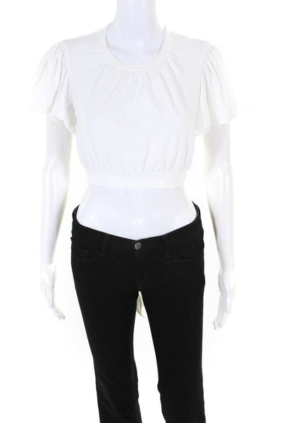 Cinq A Sept Womens Ruffled Short Sleeve Crew Neck Cropped Shirt White Size Small
