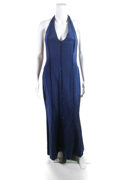 JonValdi Couture Womens Beaded Halter V Neck Sleeveless Gown Navy Blue Size 2