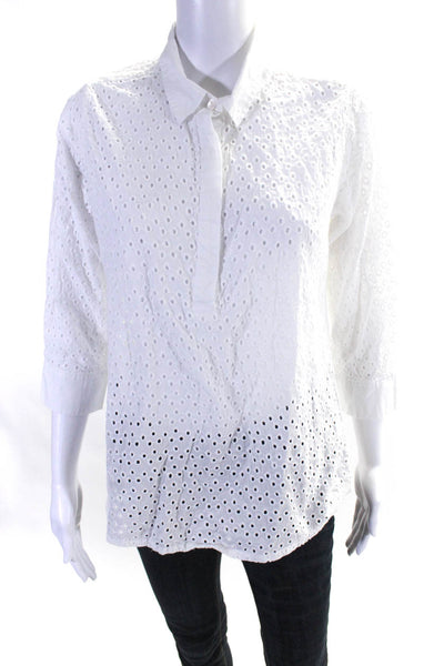 Gretchen Scott Womens White Cotton Cut Out Collar Long Sleeve Blouse Top Size M