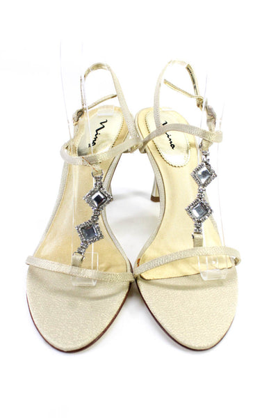 Nina Womens Gold Leather Embellished T-Strap High Heel Sandals Shoes Size 9